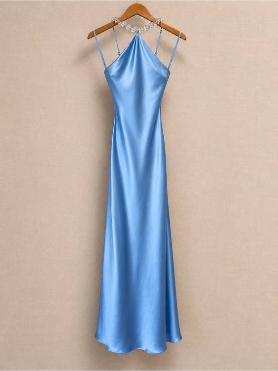 STAUD Dresses & Skirts - STAUD Cadence Azure Blue Satin Beaded Halter Maxi Gown Dress Size 0 NWT